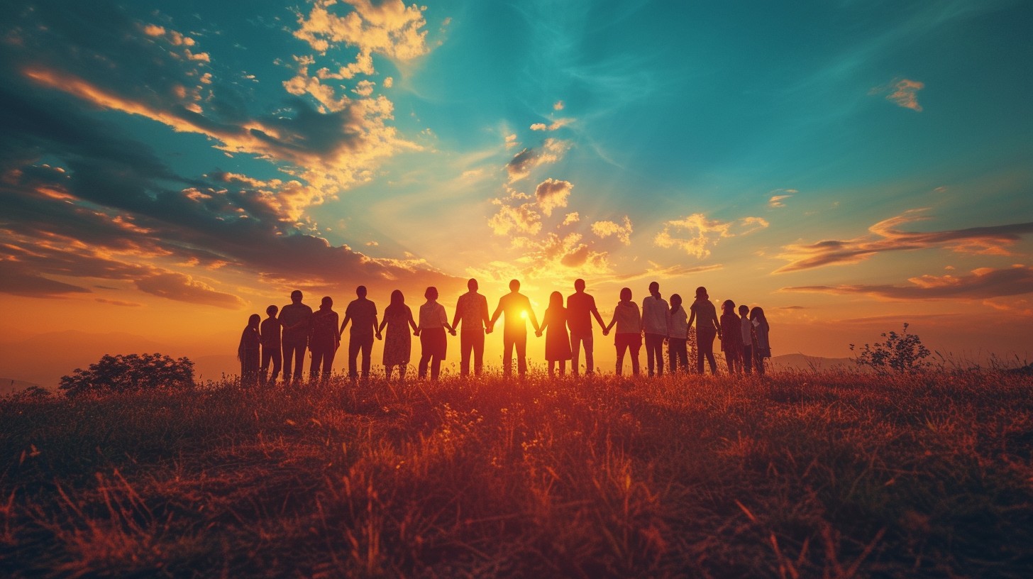 Community group facing a shared horizon at sunset